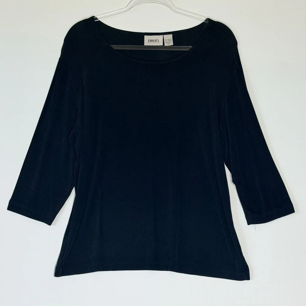 Chico's Travelers Black 3/4 Sleeve Scoop Neck Top Large - Picture 2 of 7